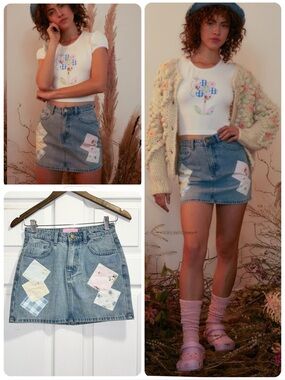 Dolls Kill x Holly Hobbie Dose Of Happy Patchwork Denim Skirt Jean Size XS